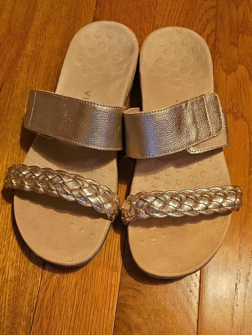 Women's Vionic Gold Metallic Braided Slide Sandals -velco adjustable